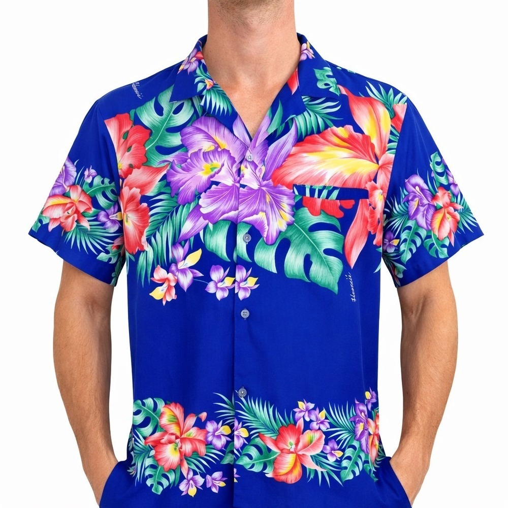 Royal Hawaiian Creations Shirt Medium Floral‎ Welt Pocket Blue Purple Red